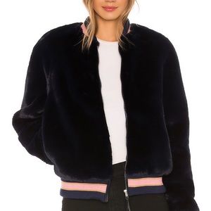 Mother letterman faux fur jacket in blue Worn once